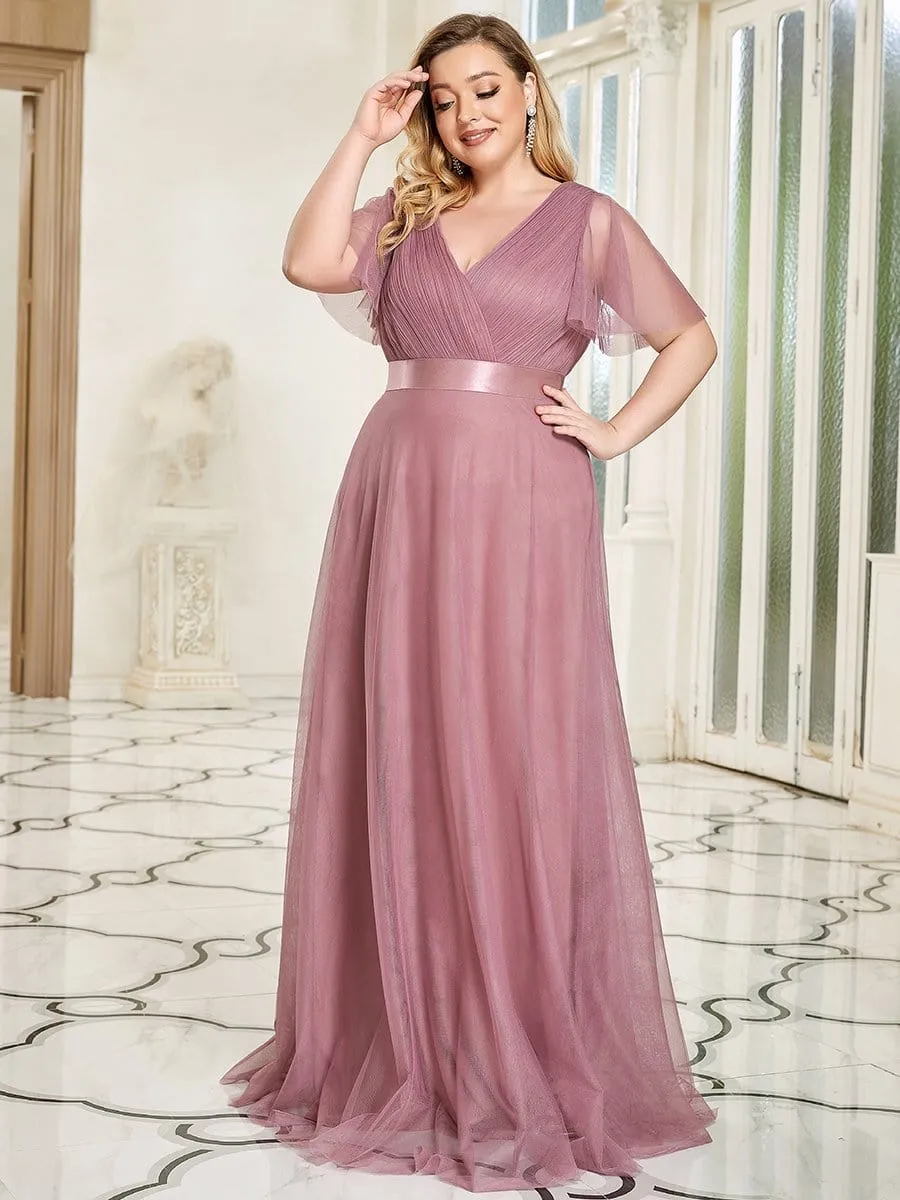 Women's Floor-Length Plus Size Formal Bridesmaid Dress with Short Sleeve