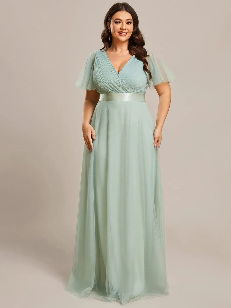 Women's Floor-Length Plus Size Formal Bridesmaid Dress with Short Sleeve