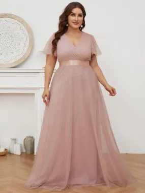 Women's Floor-Length Plus Size Formal Bridesmaid Dress with Short Sleeve