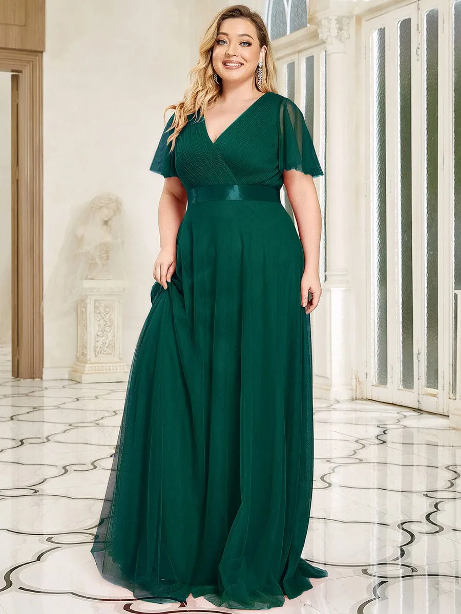 Women's Floor-Length Plus Size Formal Bridesmaid Dress with Short Sleeve