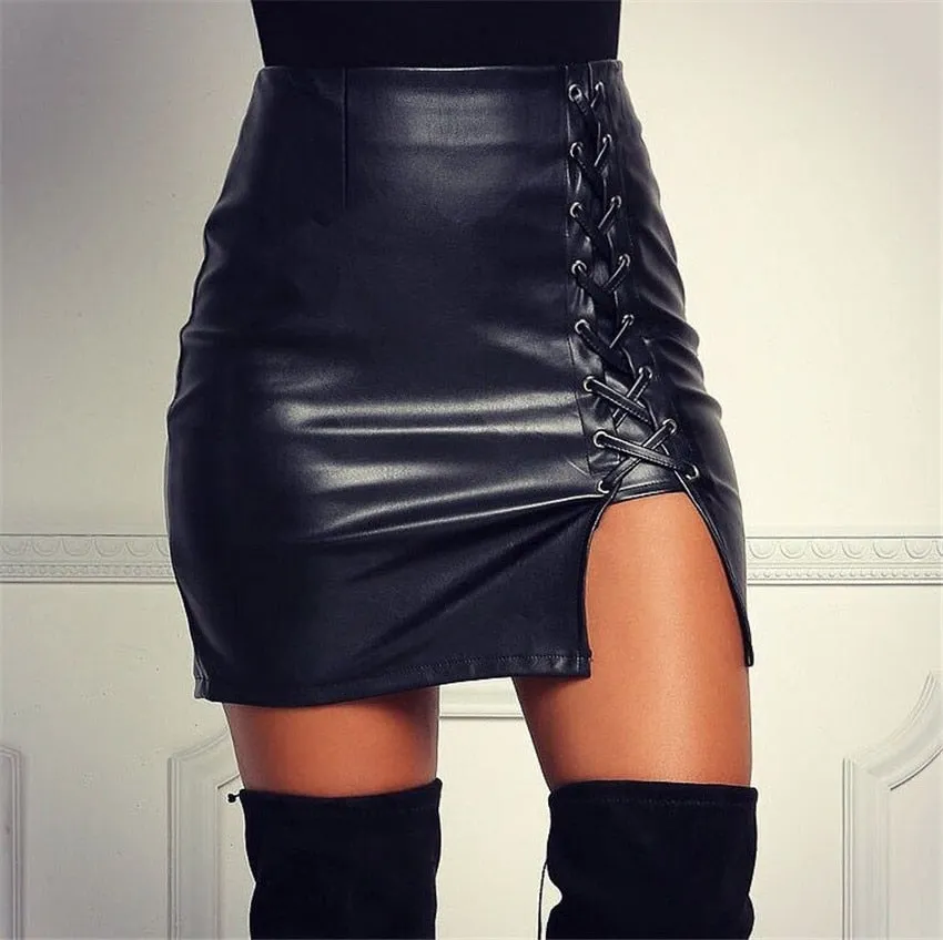 Women's Plain PU Leather Beaded Tied Detail Slit Skirt Femme Sexy Skinny Mini Skirt Office Lady Pencil Bodycon Short Skirt