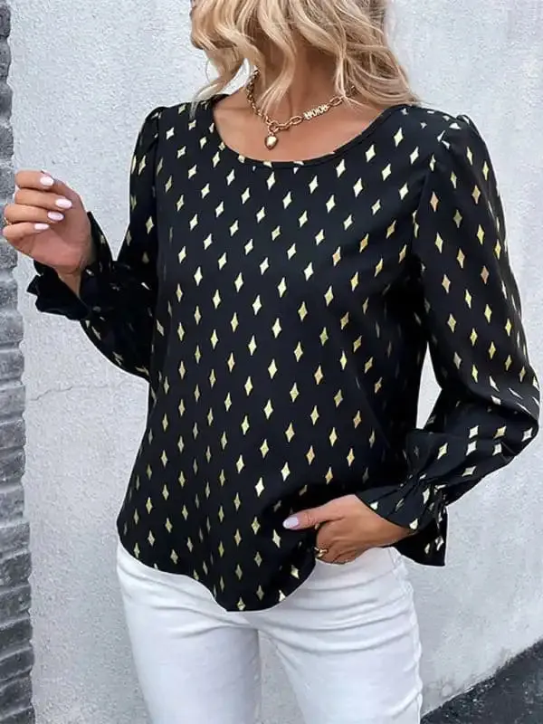 Women’s polka dot black bronzing shirt with long sleeves