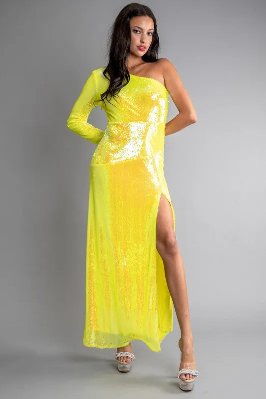 Yellow Sequin One Shoulder Side Open Maxi Dress