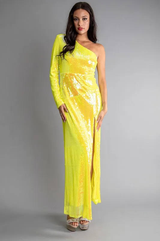 Yellow Sequin One Shoulder Side Open Maxi Dress