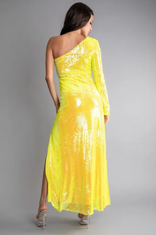 Yellow Sequin One Shoulder Side Open Maxi Dress