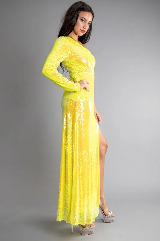 Yellow Sequin One Shoulder Side Open Maxi Dress